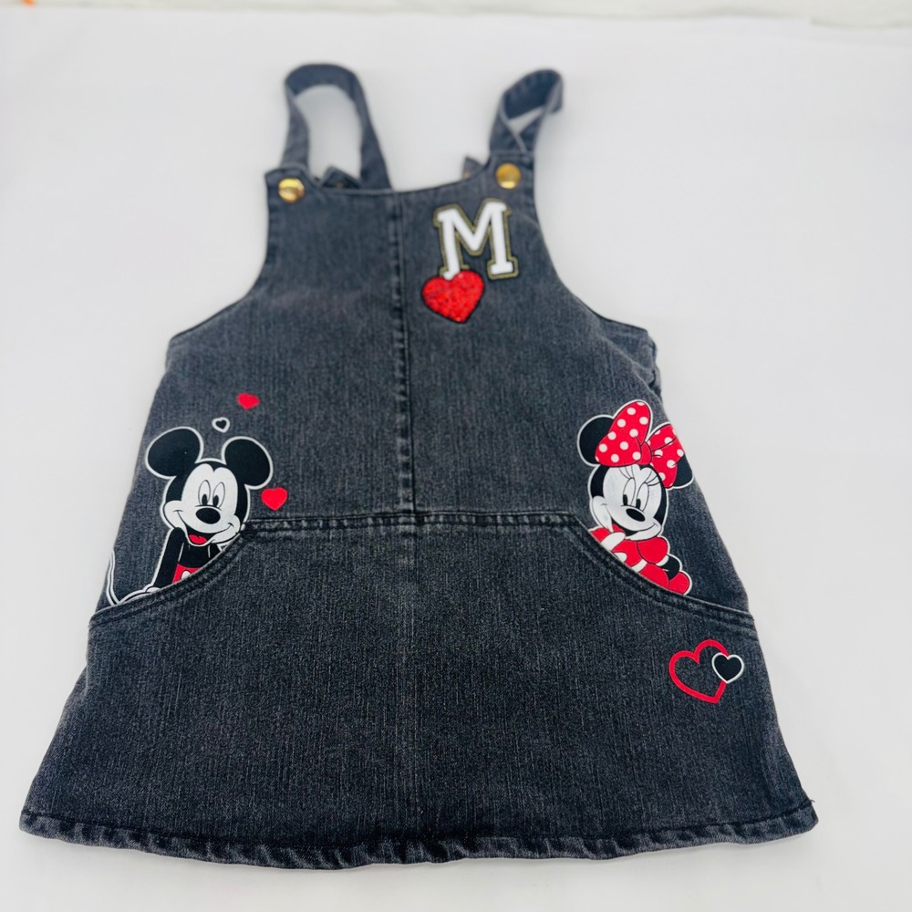 Disney Mickey Minnie Mouse Blk Denim Jumper Dress Girls Overall Pinafore Heart
